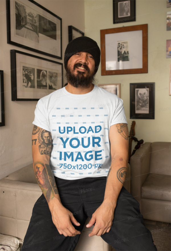 T-Shirt Mockup of A Bearded Man With Tattoos